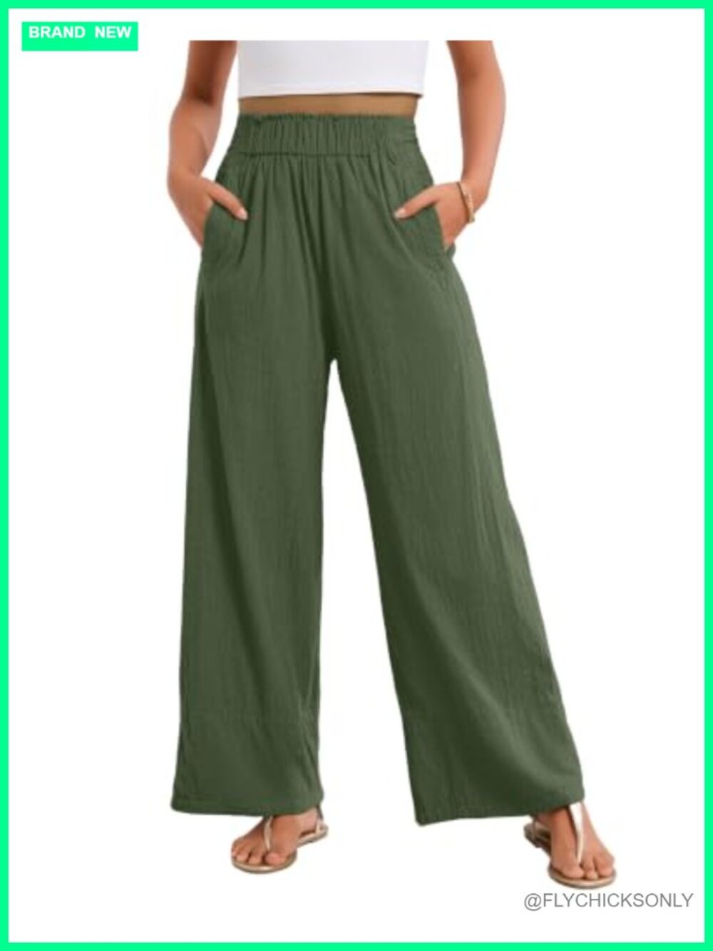 Wide Leg Cotton Linen Pants Elastic High Waist Flowy Trousers Pockets